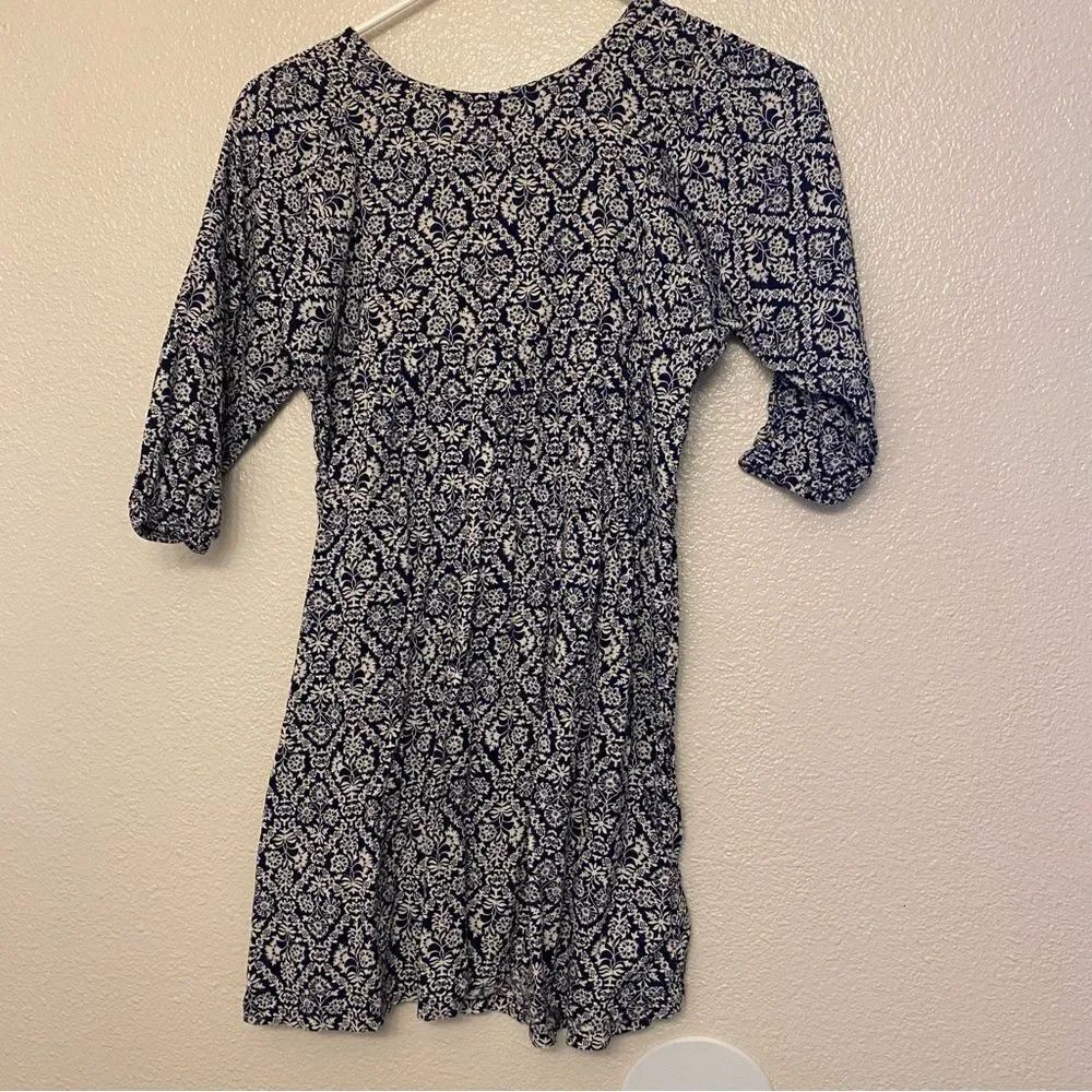 Old navy girls tile blue print Long 3/4 sleeve cotton rayon dress L 10/12